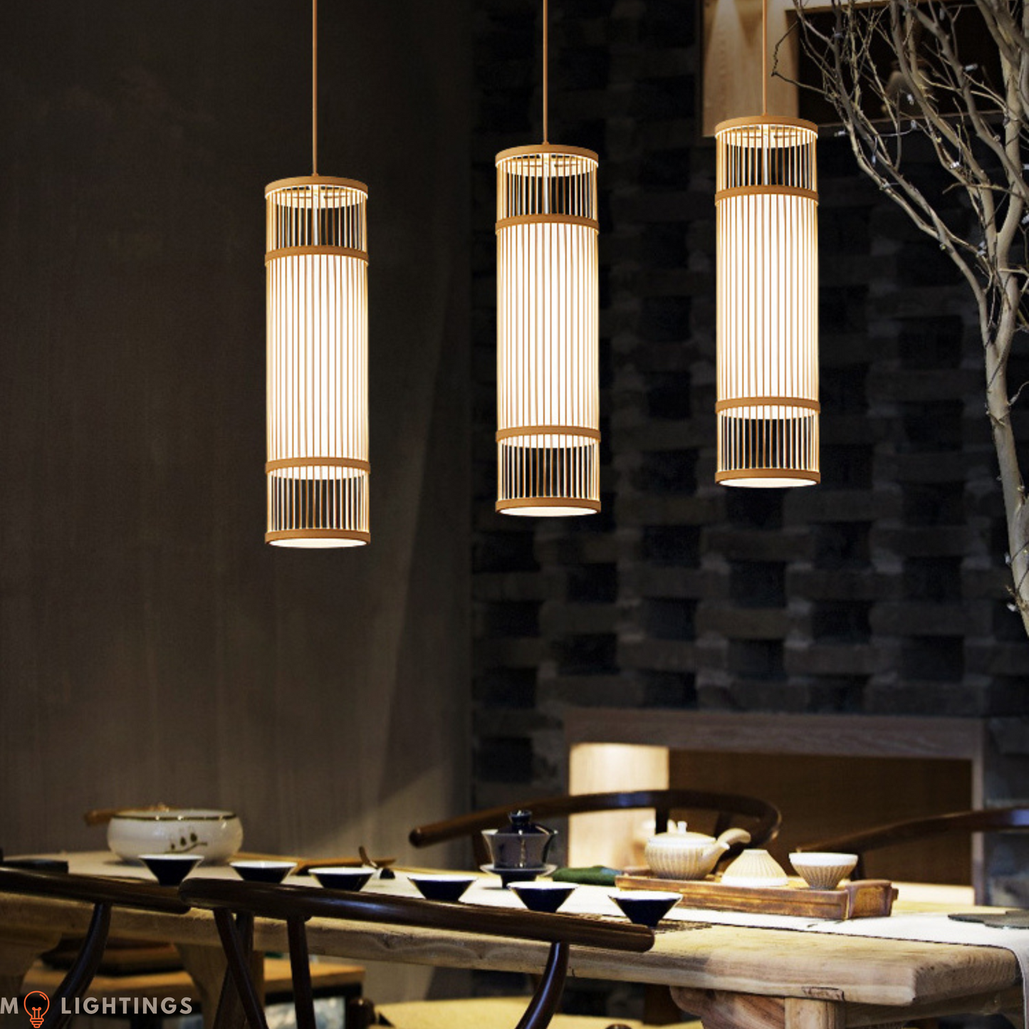 Zen Japanese Cylindrical Bamboo Pendant Light